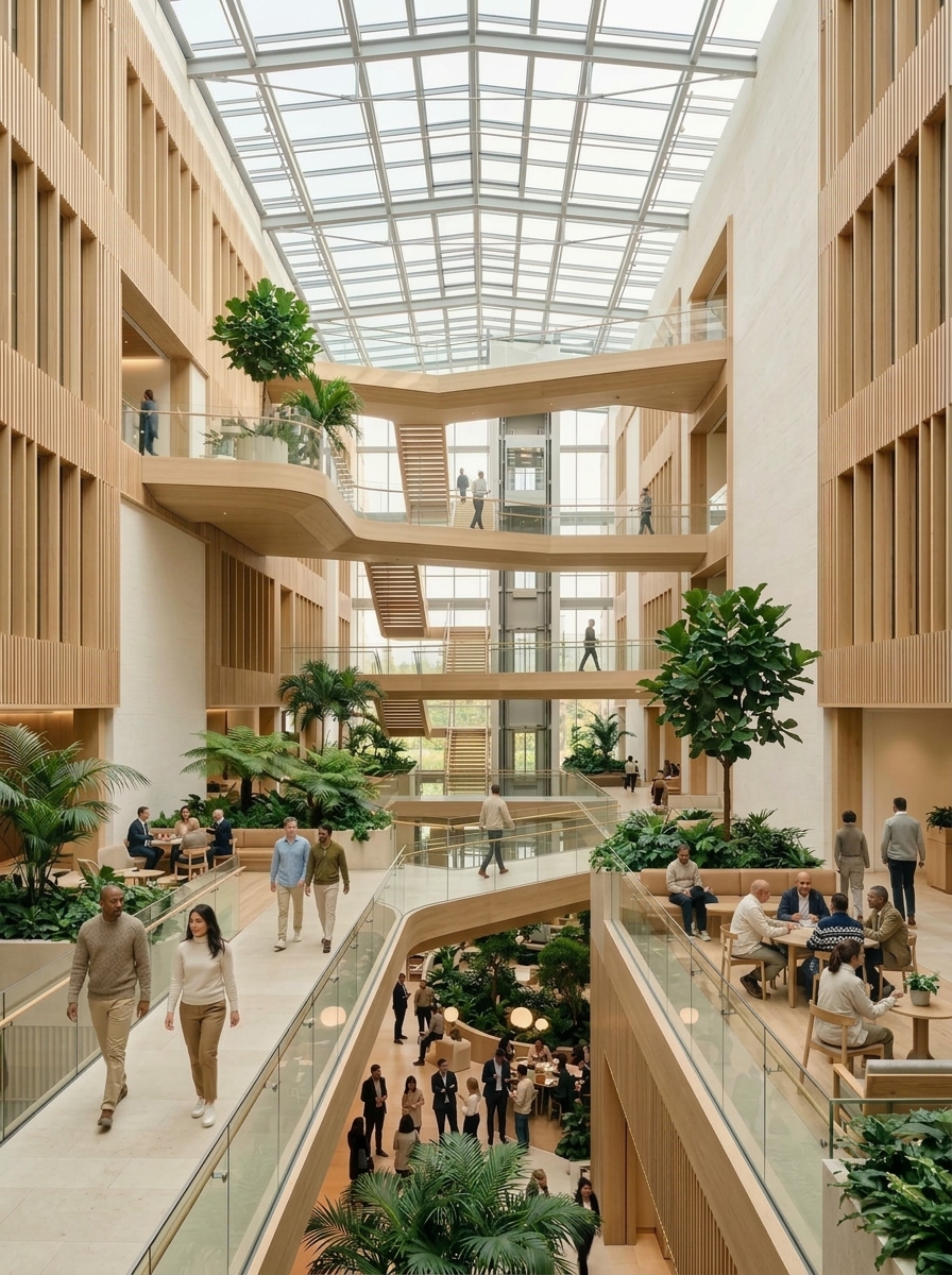 An expansive, multi-level modern architectural campus atrium with warm vertical timber louvers, natural skylights, indoor greenery, and people in relaxed modern smart-casual attire walking and meeting across levels